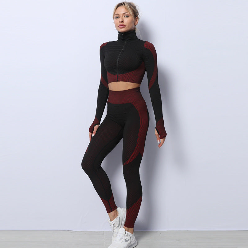 Image of a 3-piece seamless yoga set for women featuring leggings, crop top, and sports bra. Versatile gym clothing ideal for fitness workouts and activewear